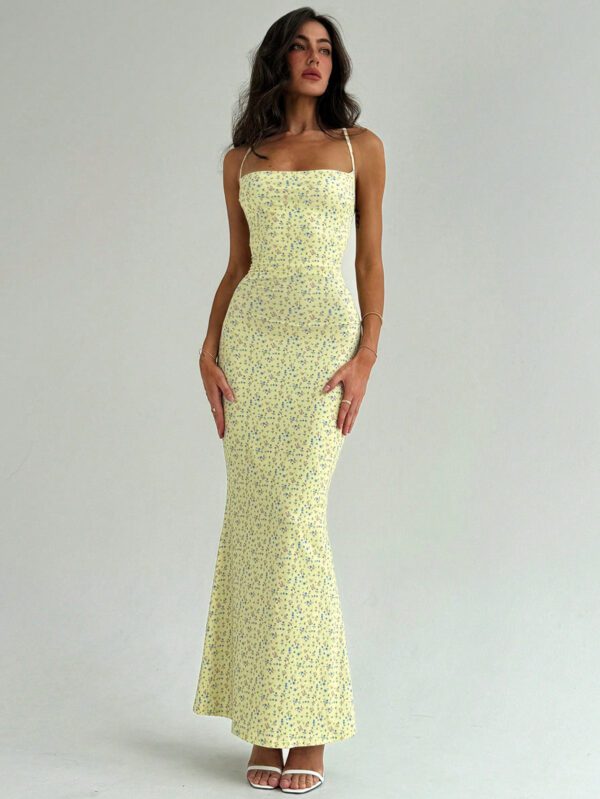 Aloruh Robe longue florale romantique pour femme avec bretelles spaghetti, encolure drapée, dos nu et taille à nouer pour un rendez-vous – Image 6