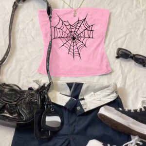 SHEIN Attitoon Débardeur court à motif de toile d'araignée simple et décontracté pour femmes, adapté pour l'été