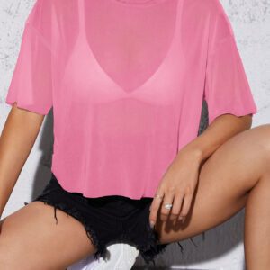 SHEIN PETITE Haut noir d"été pour femme en maille transparente à épaules tombantes sans soutien-gorge