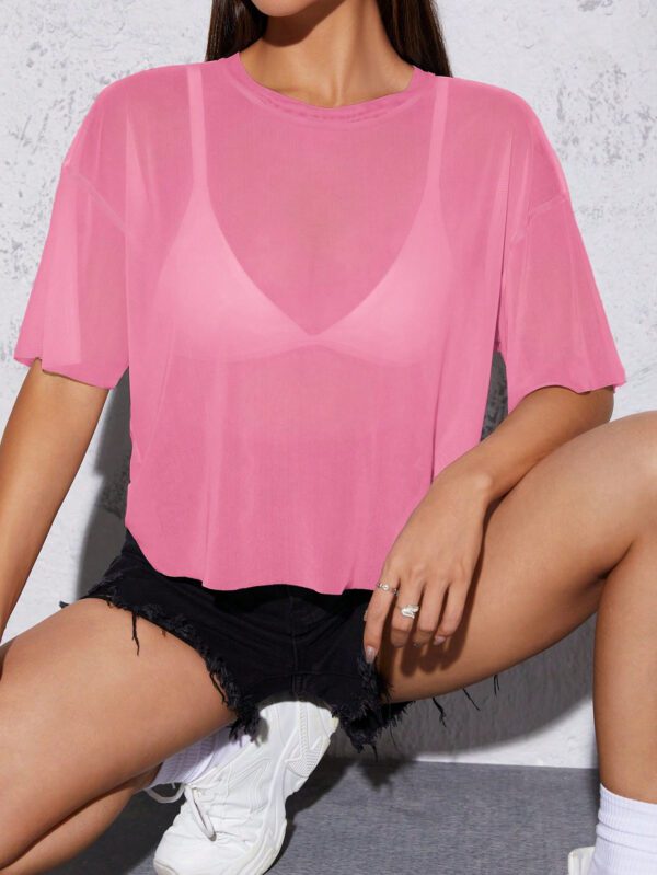 SHEIN PETITE Haut noir d"été pour femme en maille transparente à épaules tombantes sans soutien-gorge