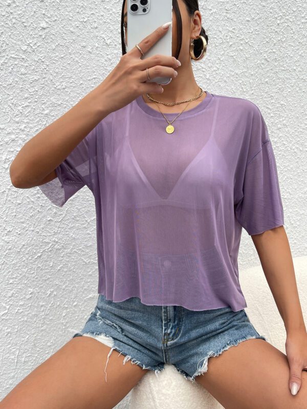 SHEIN PETITE Haut noir d"été pour femme en maille transparente à épaules tombantes sans soutien-gorge – Image 3