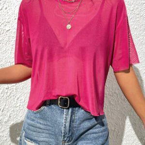 SHEIN PETITE Haut noir d"été pour femme en maille transparente à épaules tombantes sans soutien-gorge