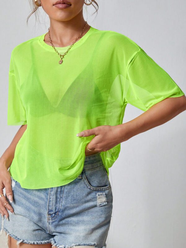 SHEIN PETITE Haut noir d"été pour femme en maille transparente à épaules tombantes sans soutien-gorge – Image 5