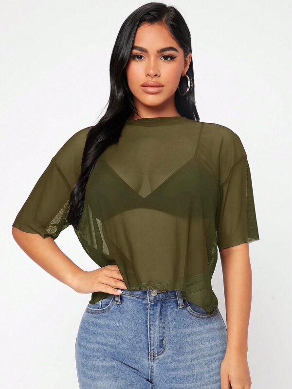 SHEIN PETITE Haut noir d"été pour femme en maille transparente à épaules tombantes sans soutien-gorge – Image 7