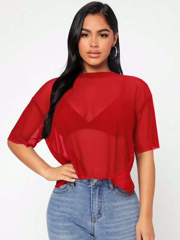 SHEIN PETITE Haut noir d"été pour femme en maille transparente à épaules tombantes sans soutien-gorge – Image 8