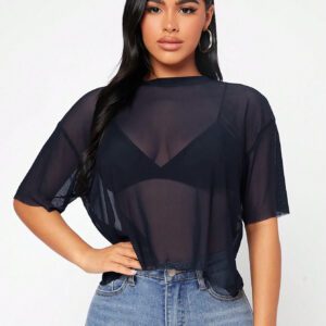 SHEIN PETITE Haut noir d"été pour femme en maille transparente à épaules tombantes sans soutien-gorge