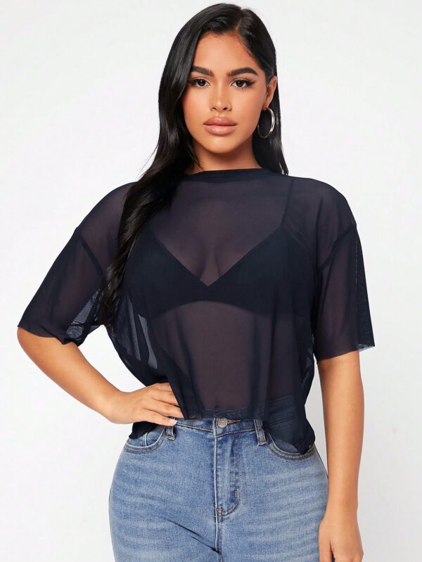 SHEIN PETITE Haut noir d"été pour femme en maille transparente à épaules tombantes sans soutien-gorge – Image 9