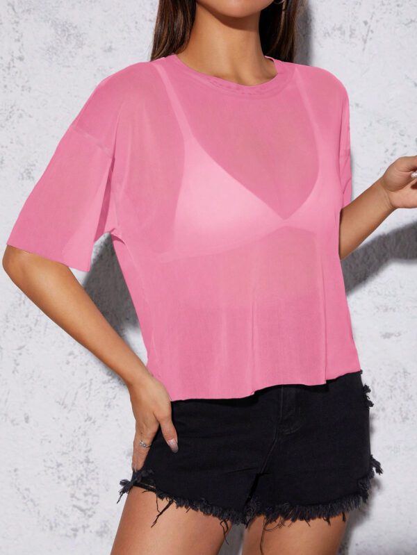 SHEIN PETITE Haut noir d"été pour femme en maille transparente à épaules tombantes sans soutien-gorge – Image 12