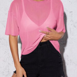 SHEIN PETITE Haut noir d"été pour femme en maille transparente à épaules tombantes sans soutien-gorge