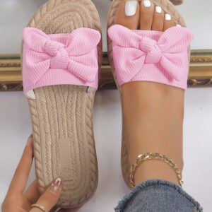 Éléments de motif d'ondulation classiques polyvalents et élégants, éléments de bande adhésive simples, chaussons à nœud papillon vert frais pour filles, décontractés et tendance, chaussures de plage à semelle plate antidérapante avec nœud papillon, pantoufles plates pour femmes pour l'extérieur en été