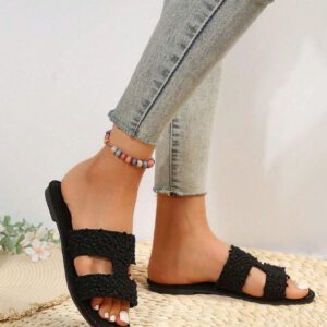 Nouvelles mules plates confortables et minimalistes pour femmes grande taille, en canevas à bout rond et ajourée. Sandales de mode casual à bout ouvert pour l'été