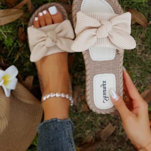 Chaussons à nœud papillon beige pour femmes, sandales à bout ouvert à la mode et antidérapantes pour porter en extérieur et à la plage