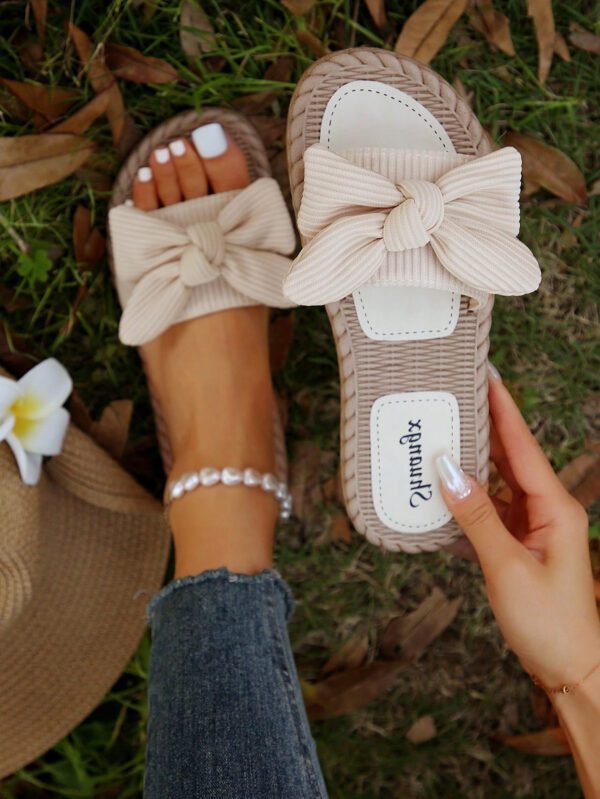 Chaussons à nœud papillon beige pour femmes, sandales à bout ouvert à la mode et antidérapantes pour porter en extérieur et à la plage