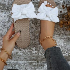 Chaussons à nœud papillon beige pour femmes, sandales à bout ouvert à la mode et antidérapantes pour porter en extérieur et à la plage