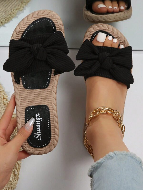 Chaussons à nœud papillon beige pour femmes, sandales à bout ouvert à la mode et antidérapantes pour porter en extérieur et à la plage – Image 5