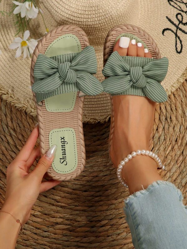 Chaussons à nœud papillon beige pour femmes, sandales à bout ouvert à la mode et antidérapantes pour porter en extérieur et à la plage – Image 6