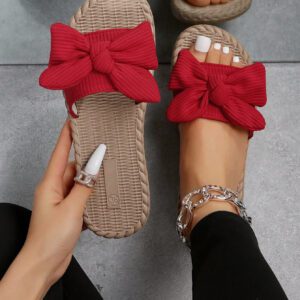 Chaussons à nœud papillon beige pour femmes, sandales à bout ouvert à la mode et antidérapantes pour porter en extérieur et à la plage