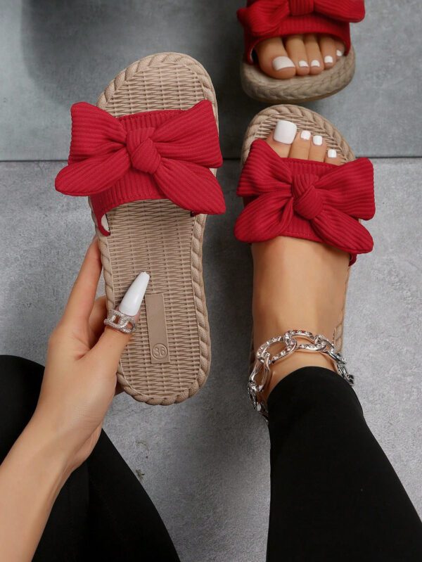 Chaussons à nœud papillon beige pour femmes, sandales à bout ouvert à la mode et antidérapantes pour porter en extérieur et à la plage – Image 8