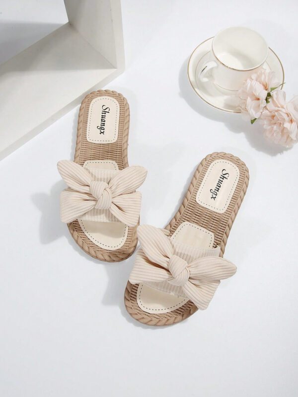 Chaussons à nœud papillon beige pour femmes, sandales à bout ouvert à la mode et antidérapantes pour porter en extérieur et à la plage – Image 15