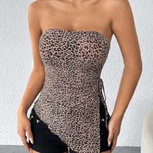 SHEIN PETITE Haut d'été court plissé à imprimé léopard des années 90 avec ourlet asymétrique en tube slim fit et cordon de serrage latéral