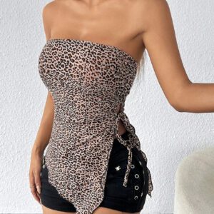 SHEIN PETITE Haut d'été court plissé à imprimé léopard des années 90 avec ourlet asymétrique en tube slim fit et cordon de serrage latéral
