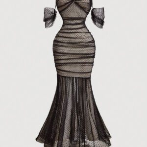 SHEIN MOD Robe de soirée noire sexy longue à l'épaule dénudée en maille