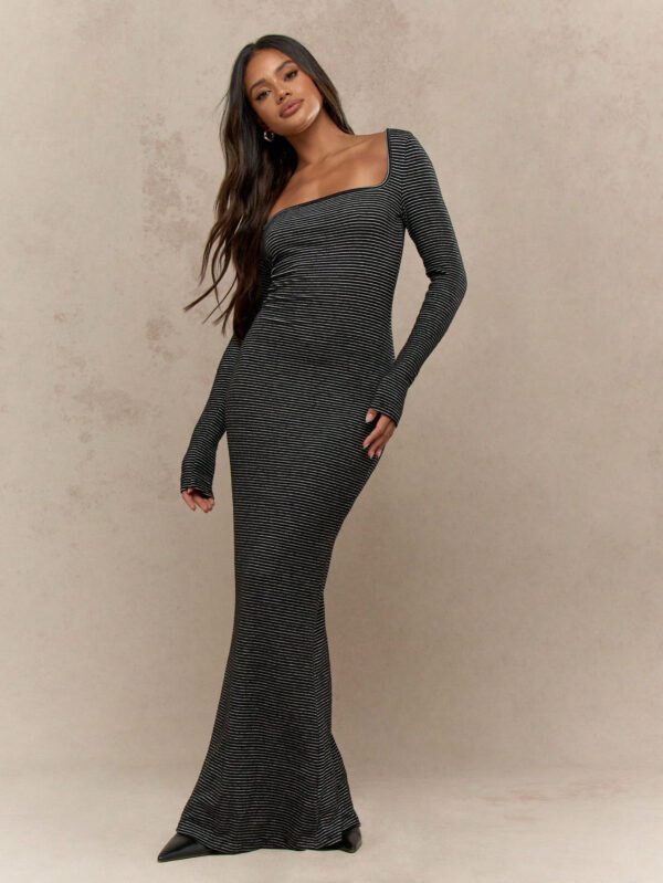 MISSGUIDED Robe maxi près du corps à rayures, col carré, manches longues, basique quotidien