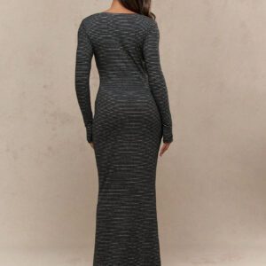 MISSGUIDED Robe maxi près du corps à rayures, col carré, manches longues, basique quotidien