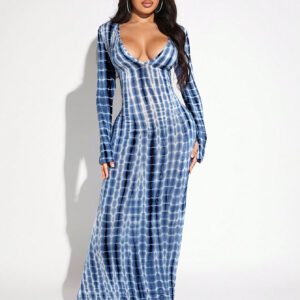 SHEIN SXY Robe À Manches Longues À Encolure En V Profond Et À Motif Tie-dye
