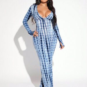 SHEIN SXY Robe À Manches Longues À Encolure En V Profond Et À Motif Tie-dye