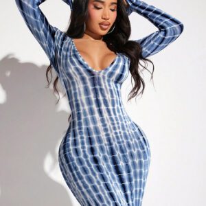 SHEIN SXY Robe À Manches Longues À Encolure En V Profond Et À Motif Tie-dye
