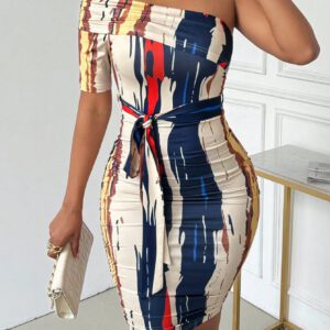 SHEIN Slayr Robe midi moulante à manches courtes pour femme d'été, épaule oblique, épaule dénudée, ceinture à la taille et froncée