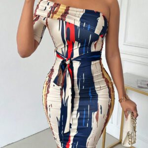 SHEIN Slayr Robe midi moulante à manches courtes pour femme d'été, épaule oblique, épaule dénudée, ceinture à la taille et froncée