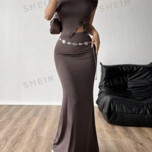 SHEIN EZwear Ensemble De Haut Épaule Nue Uni Pour Femme Et Jupe En Queue De Poisson