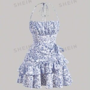 Robe Courte à Imprimé Floral Bleu avec Bretelles Halter et Jupe Volants