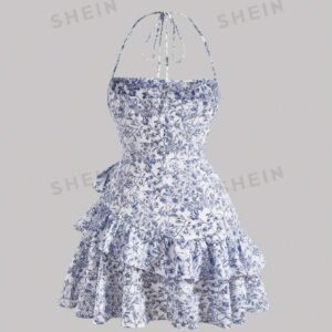 Robe Courte à Imprimé Floral Bleu avec Bretelles Halter et Jupe Volants