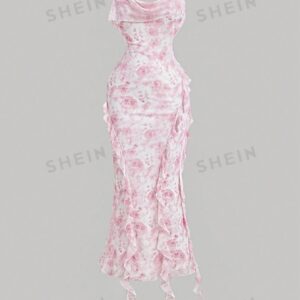 SHEIN MOD - Robe Rose Élégante à Bordure Volantée Romantique