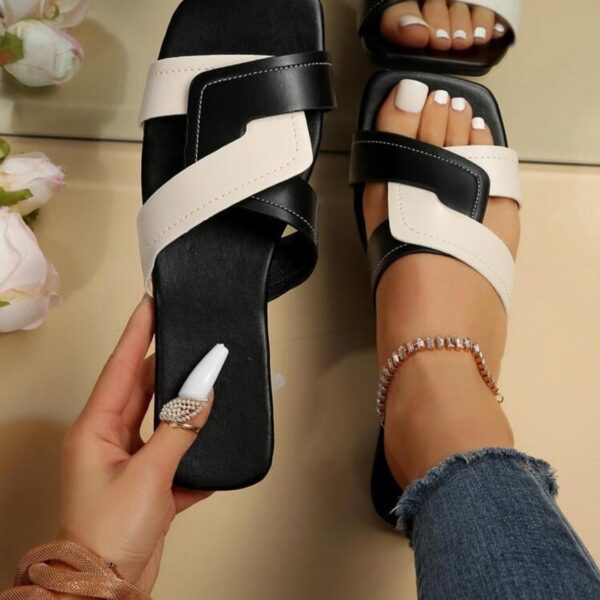 Sandales à glissière contrastées femmes, chaussures plates à bout carré décontractées, sandales légères pour été