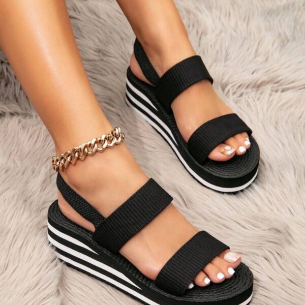 Sandales Compensées En Tissu Rayé Pour Femmes Avec Semelle En Paille Tissée, Style De Vacances Pour L'été