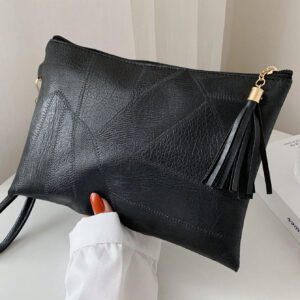 Sac à bandoulière rétro Litchi estampé avec décoration à franges, sac simple d'inspiration vintage