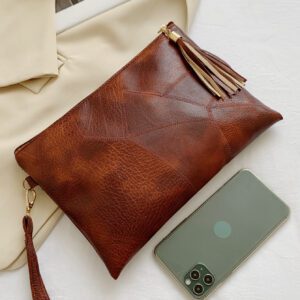 Sac à bandoulière rétro Litchi estampé avec décoration à franges, sac simple d'inspiration vintage