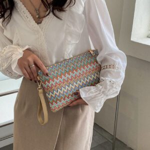 Sac En Paille Avec Motif À Chevrons Tissé Et Dragonne Pour Les Festivals / Vacances