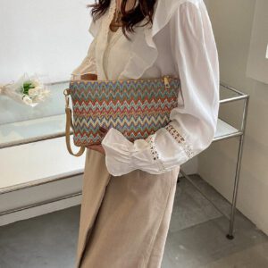 Sac En Paille Avec Motif À Chevrons Tissé Et Dragonne Pour Les Festivals / Vacances