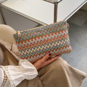 Sac En Paille Avec Motif À Chevrons Tissé Et Dragonne Pour Les Festivals / Vacances