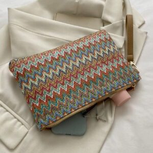 Sac En Paille Avec Motif À Chevrons Tissé Et Dragonne Pour Les Festivals / Vacances