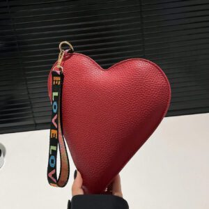 Pochette poignet en forme de cœur romantique, sac mode en cuir PU couleur unie pour femme