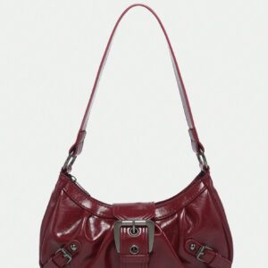 1pc Women's Vintage Milady Distressed Soft Leather Motorcycle Bag With Rivets, Needle Buckle, Pleats, Cloud Shaped, Shoulder Crossbody And Clutch Bag For Work, Commuting, Dating, Parties, Trendy Crescent Moon Bag For Women, Fashionable Burgundy Bag, Simple Retro Inspired Bag For Women