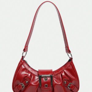 1pc Women's Vintage Milady Distressed Soft Leather Motorcycle Bag With Rivets, Needle Buckle, Pleats, Cloud Shaped, Shoulder Crossbody And Clutch Bag For Work, Commuting, Dating, Parties, Trendy Crescent Moon Bag For Women, Fashionable Burgundy Bag, Simple Retro Inspired Bag For Women