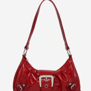 1pc Women's Vintage Milady Distressed Soft Leather Motorcycle Bag With Rivets, Needle Buckle, Pleats, Cloud Shaped, Shoulder Crossbody And Clutch Bag For Work, Commuting, Dating, Parties, Trendy Crescent Moon Bag For Women, Fashionable Burgundy Bag, Simple Retro Inspired Bag For Women