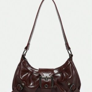 1pc Women's Vintage Milady Distressed Soft Leather Motorcycle Bag With Rivets, Needle Buckle, Pleats, Cloud Shaped, Shoulder Crossbody And Clutch Bag For Work, Commuting, Dating, Parties, Trendy Crescent Moon Bag For Women, Fashionable Burgundy Bag, Simple Retro Inspired Bag For Women